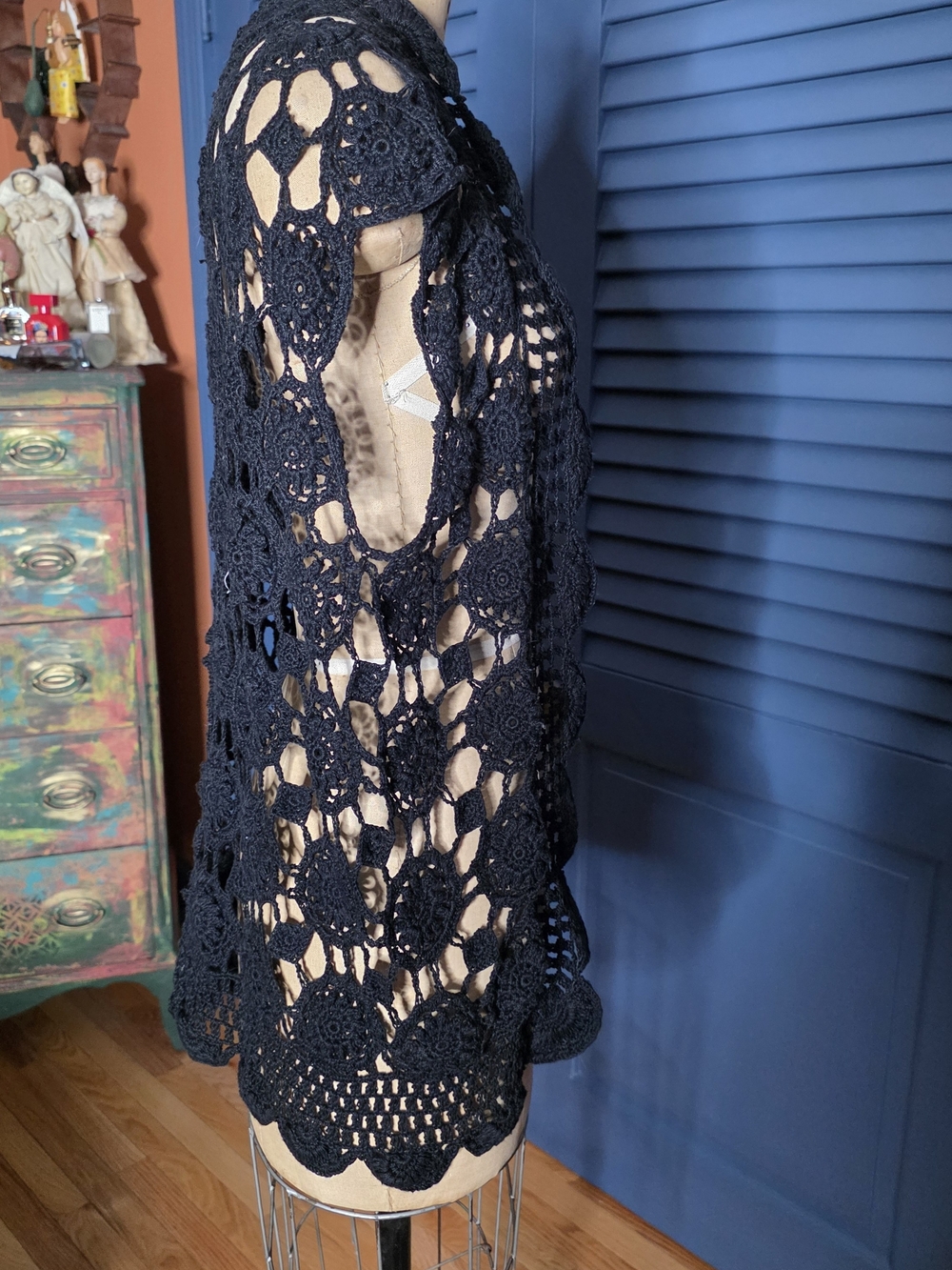 Black Crocheted Openwork Women's Shrug